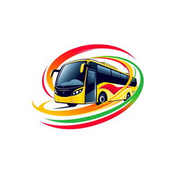 A vibrant logo design featuring a stylized bus in motion, surrounded by a dynamic trail of colors: red, yellow, and green flowing elegantly to represent movement and energy