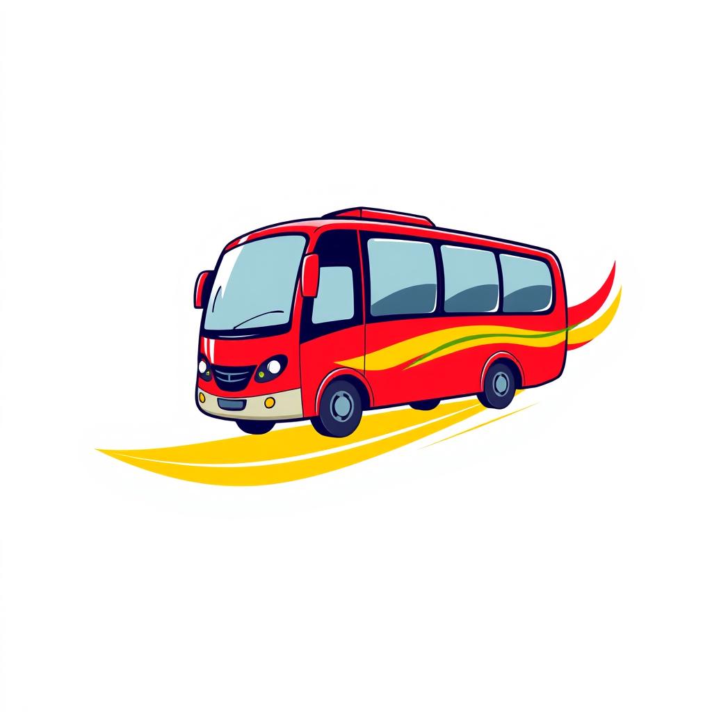 A vibrant logo featuring a stylized bus in motion, leaving behind a dynamic trail of red, yellow, and green colors