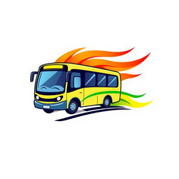 A vibrant logo featuring a stylized bus in motion, leaving behind a dynamic trail of red, yellow, and green colors