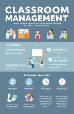 A visually engaging infographic that illustrates the importance of classroom management, featuring key elements like organization, positive student-teacher relationships, and effective communication