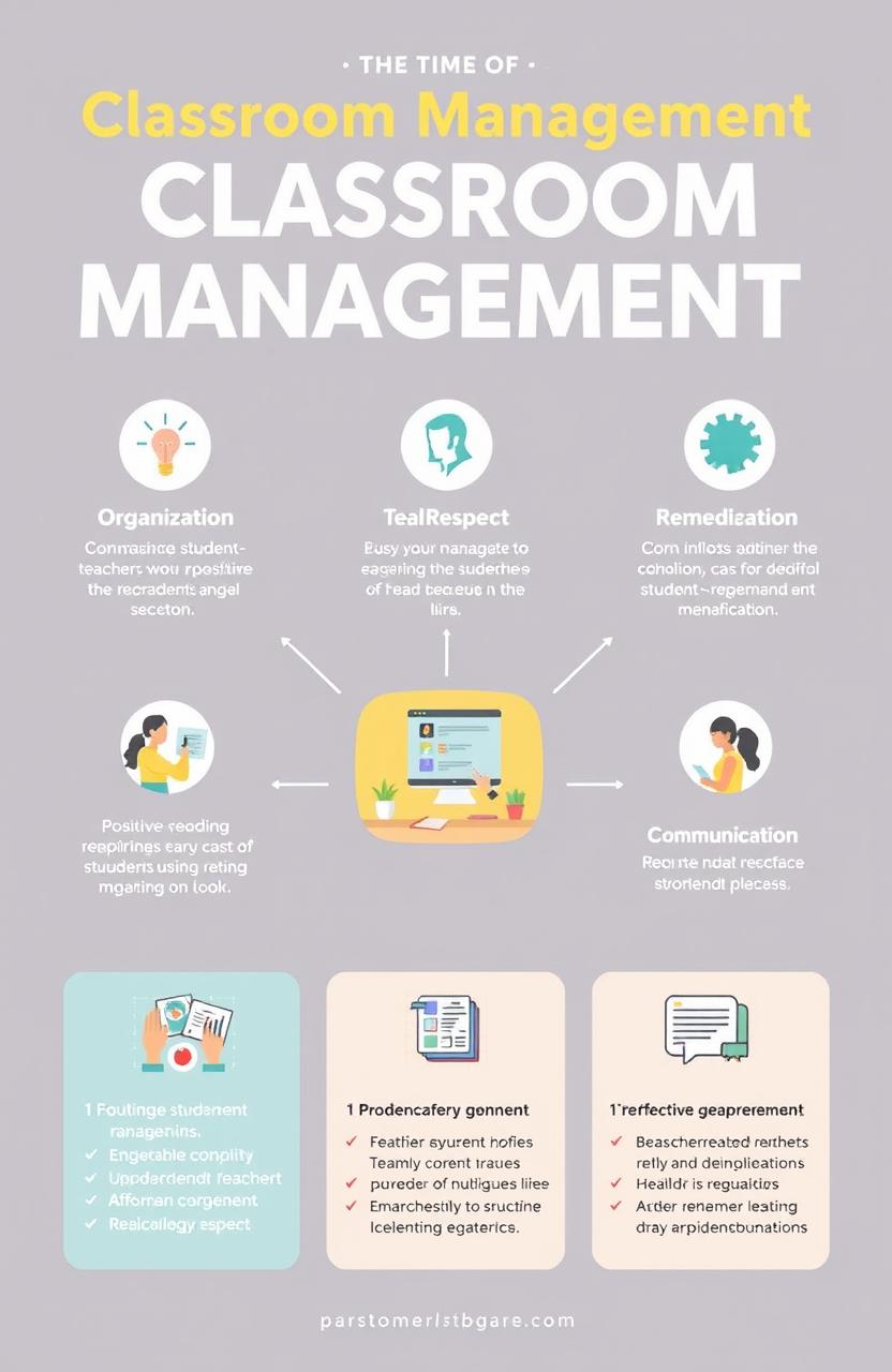 A visually engaging infographic that illustrates the importance of classroom management, featuring key elements like organization, positive student-teacher relationships, and effective communication