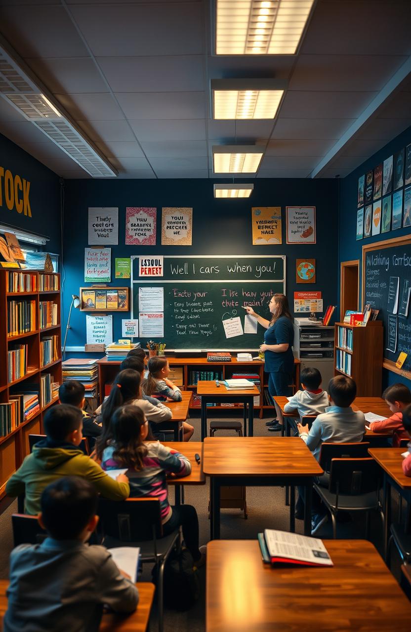 A visually engaging classroom scene highlighting its importance, filled with students actively participating in lessons, teachers guiding discussions, and various learning materials