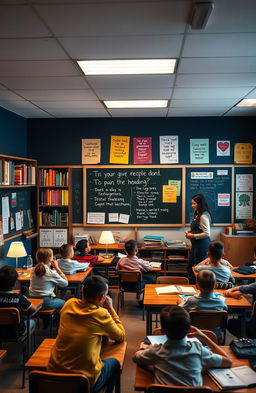 A visually engaging classroom scene highlighting its importance, filled with students actively participating in lessons, teachers guiding discussions, and various learning materials