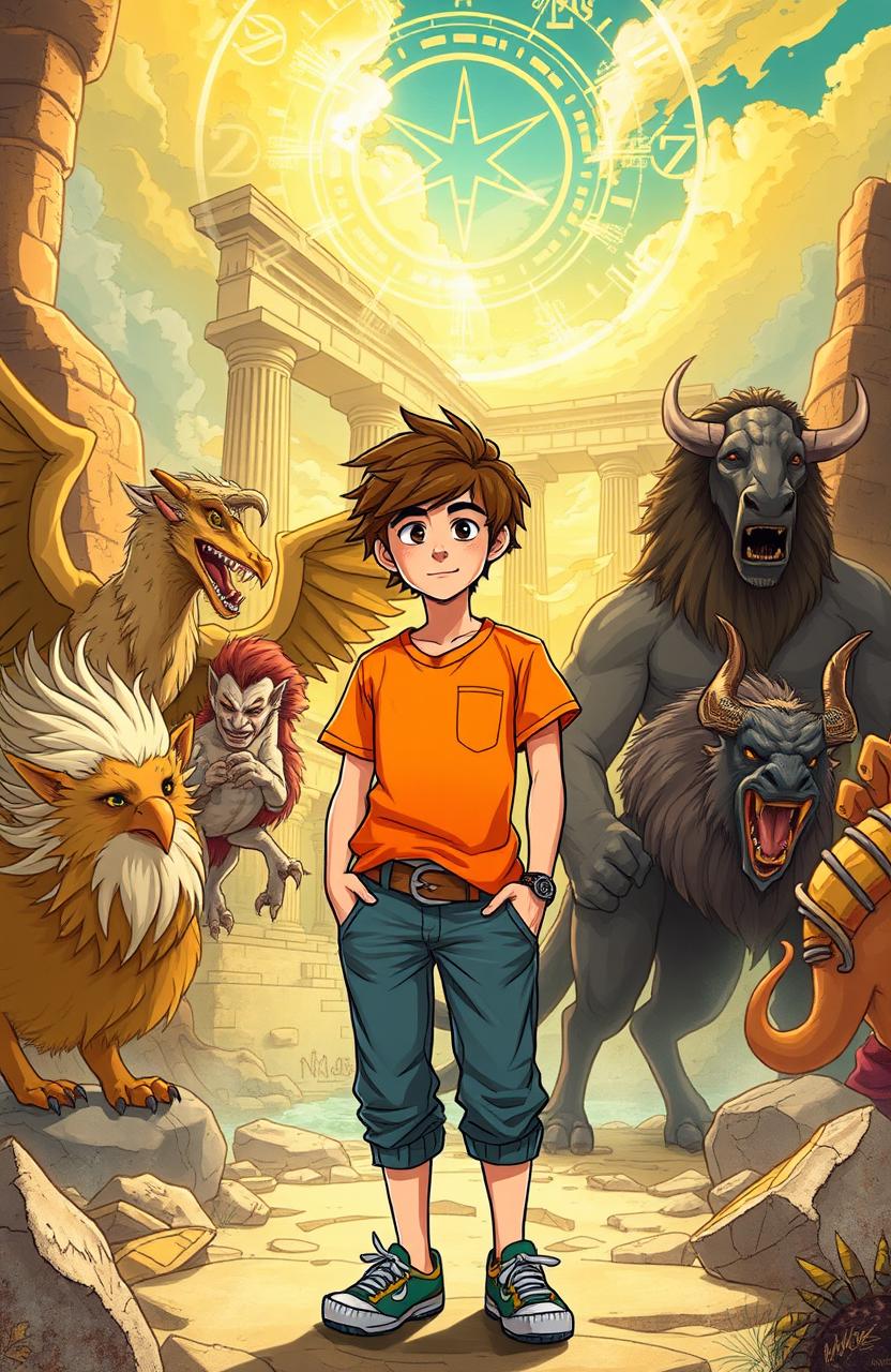 A vibrant and adventurous illustration depicting a scene from a fanfiction titled 'As Aventuras de Matt no Olimpo e as Doze Feras Míticas' by Mateus Maia