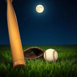 A serene night scene on a grassy field featuring a baseball bat, a baseball glove, and a baseball lying on the grass