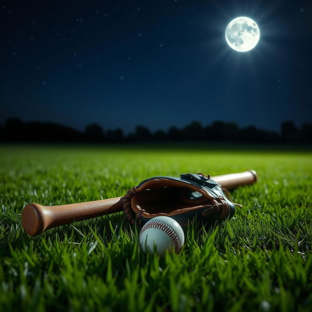A serene night scene on a grassy field featuring a baseball bat, a baseball glove, and a baseball lying on the grass