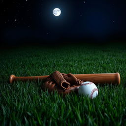 A serene night scene on a grassy field featuring a baseball bat, a baseball glove, and a baseball lying on the grass