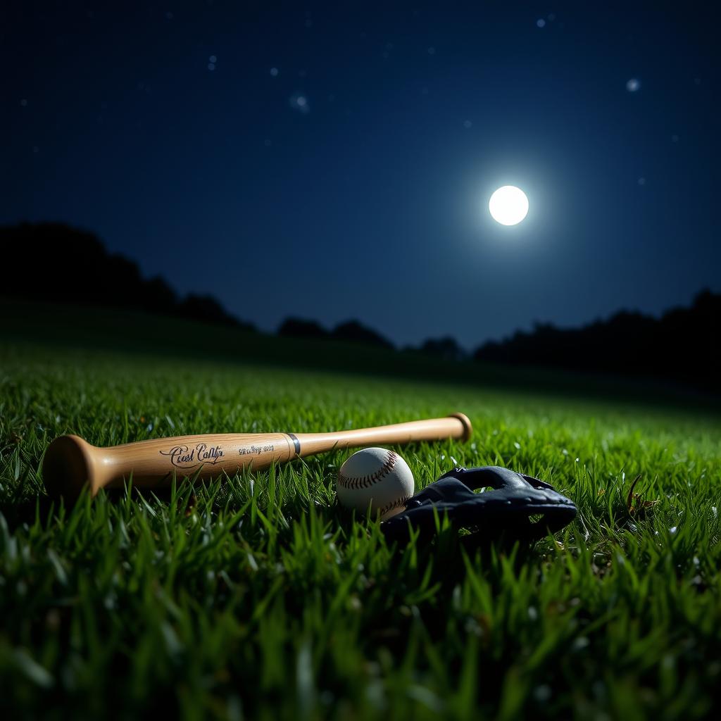 A serene night scene on a grassy field featuring a baseball bat, a baseball glove, and a baseball lying on the grass