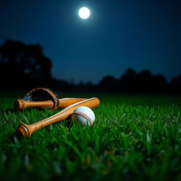 A tranquil night scene on a grassy field showcasing a baseball bat, a baseball glove, and a baseball resting on the grass