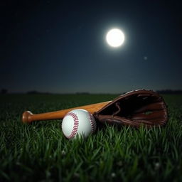 A tranquil night scene on a grassy field showcasing a baseball bat, a baseball glove, and a baseball resting on the grass