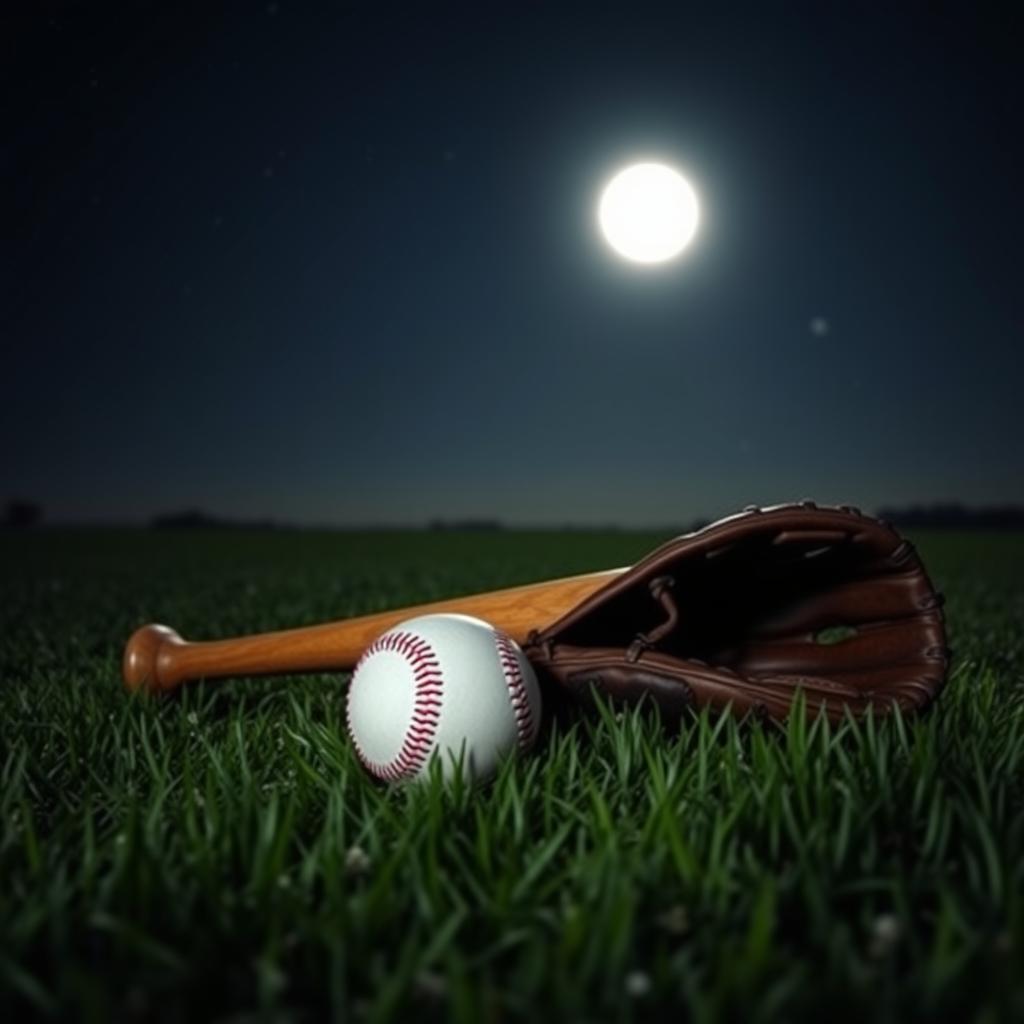 A tranquil night scene on a grassy field showcasing a baseball bat, a baseball glove, and a baseball resting on the grass