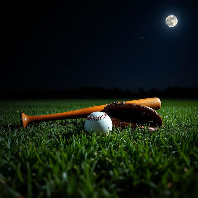 A tranquil night scene on a grassy field showcasing a baseball bat, a baseball glove, and a baseball resting on the grass