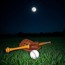 A tranquil night scene on a grassy field showcasing a baseball bat, a baseball glove, and a baseball resting on the grass