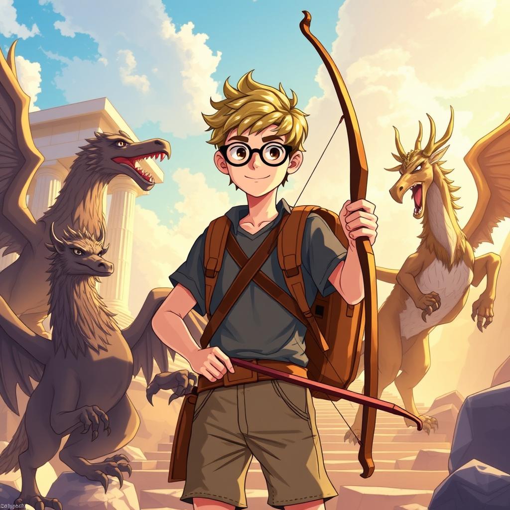 A vibrant and adventurous illustration showcasing a scene from a fanfiction titled 'As Aventuras de Matt no Olimpo e as Doze Feras Míticas'