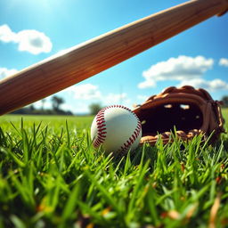 A vibrant daytime scene on a grassy field showcasing a baseball bat, a baseball glove, and a baseball resting on the grass