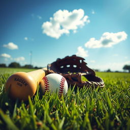 A vibrant daytime scene on a grassy field showcasing a baseball bat, a baseball glove, and a baseball resting on the grass