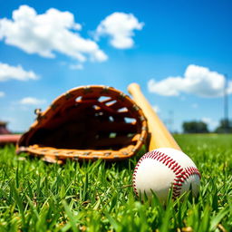 A vibrant daytime scene on a grassy field showcasing a baseball bat, a baseball glove, and a baseball resting on the grass