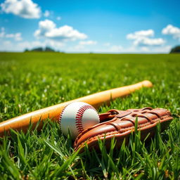 A vibrant daytime scene on a grassy field showcasing a baseball bat, a baseball glove, and a baseball resting on the grass