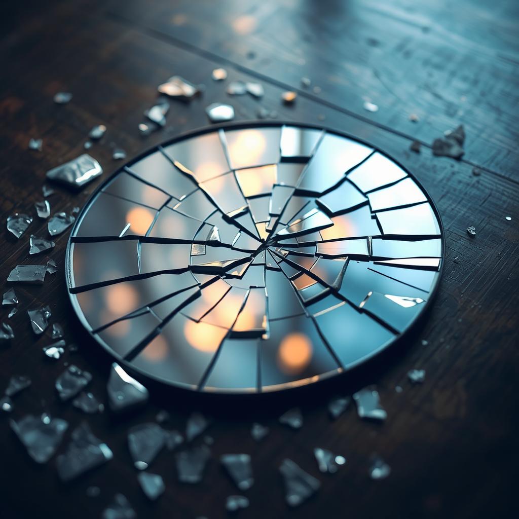 A cracked mirror lying on a wooden table, reflecting soft scattered light and creating a dreamy ambiance