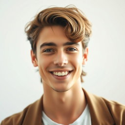 A charming young man with wavy hair, smiling warmly at the camera