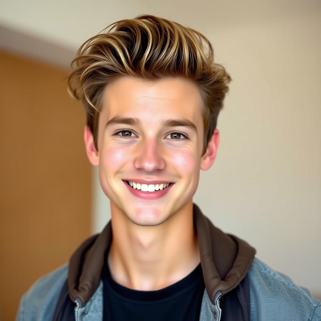 A charming young man with wavy hair, smiling warmly at the camera
