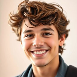 A charming young man with wavy hair, smiling warmly at the camera