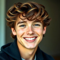 A charming young man with wavy hair, smiling warmly at the camera