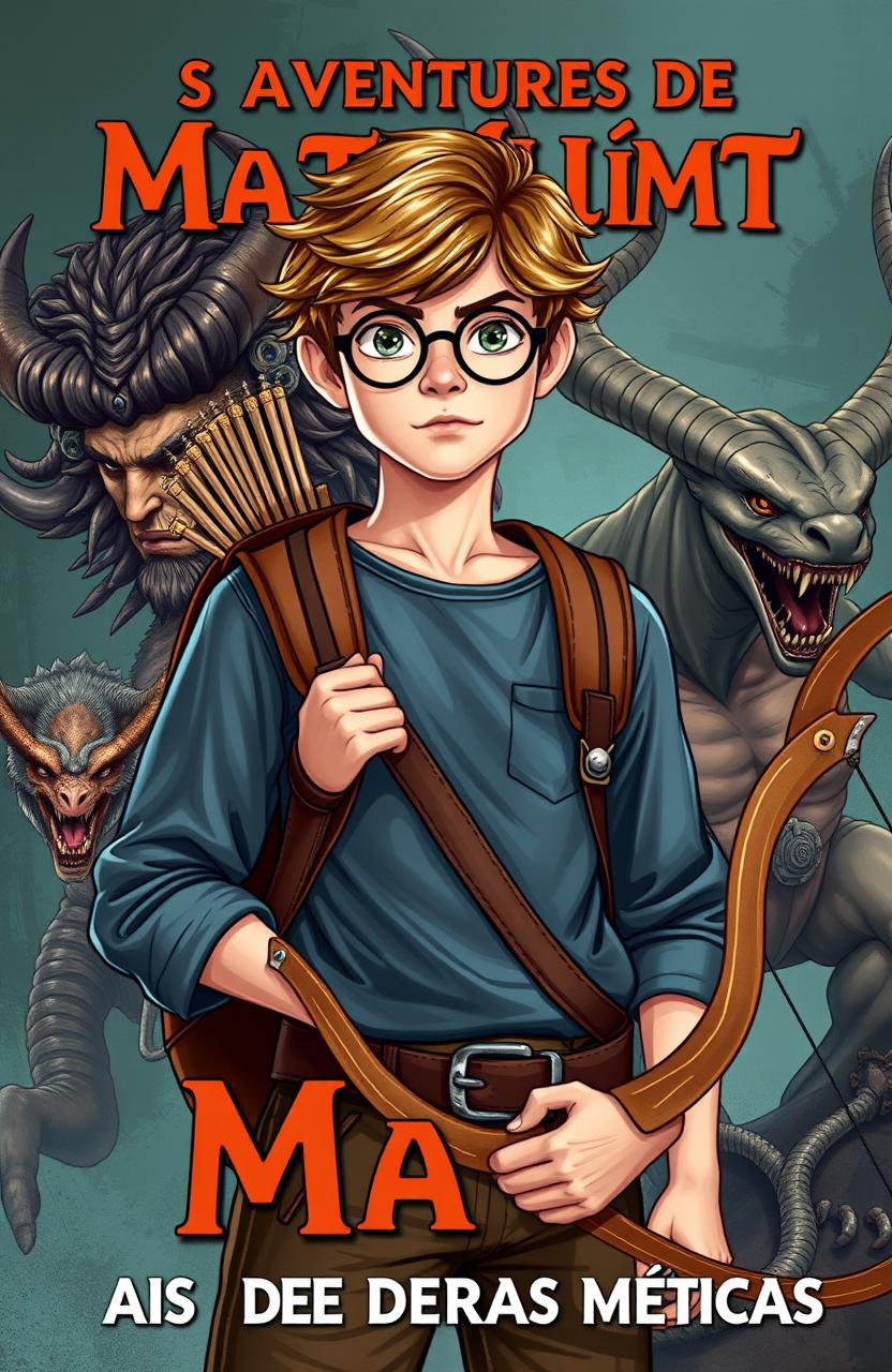 A captivating book cover for a fan fiction titled 'As Aventuras de Matt no Olimpo e as Doze Feras Míticas'