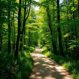 A scenic winding path through a dense, vibrant green forest, surrounded by tall, lush trees with sunlight streaming through the leaves, creating a magical dappled effect on the ground