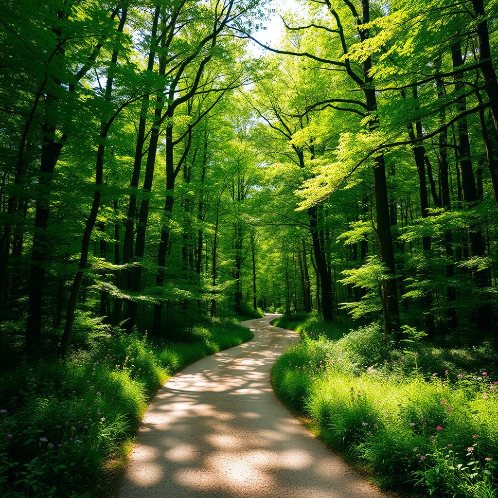 A scenic winding path through a dense, vibrant green forest, surrounded by tall, lush trees with sunlight streaming through the leaves, creating a magical dappled effect on the ground