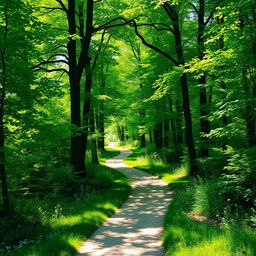 A scenic winding path through a dense, vibrant green forest, surrounded by tall, lush trees with sunlight streaming through the leaves, creating a magical dappled effect on the ground