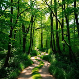 A scenic winding path through a dense, vibrant green forest, surrounded by tall, lush trees with sunlight streaming through the leaves, creating a magical dappled effect on the ground