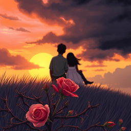 A beautifully illustrated book cover showcasing a sunset scene with warm and soft tones of orange, pink, and lilac, contrasted against dark, ominous clouds hinting at an approaching storm, symbolizing both sadness and hope