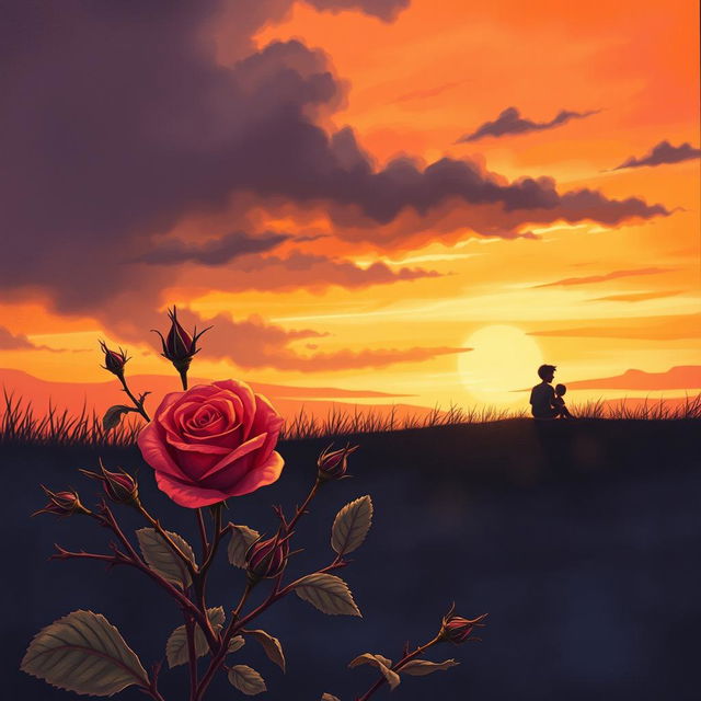 A beautifully illustrated book cover showcasing a sunset scene with warm and soft tones of orange, pink, and lilac, contrasted against dark, ominous clouds hinting at an approaching storm, symbolizing both sadness and hope