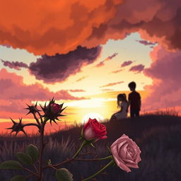 A beautifully illustrated book cover showcasing a sunset scene with warm and soft tones of orange, pink, and lilac, contrasted against dark, ominous clouds hinting at an approaching storm, symbolizing both sadness and hope