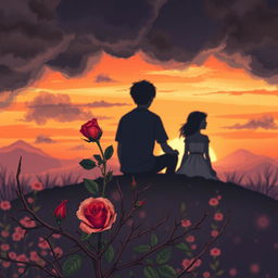 A beautifully illustrated book cover showcasing a sunset scene filled with warm and soft tones of orange, pink, and lilac, contrasted against dark, threatening grey clouds, signaling an impending storm that symbolizes both sadness and hope