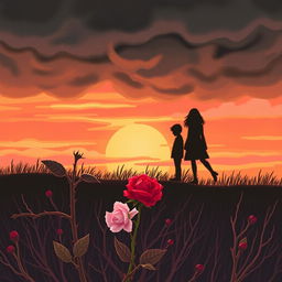 A beautifully illustrated book cover showcasing a sunset scene filled with warm and soft tones of orange, pink, and lilac, contrasted against dark, threatening grey clouds, signaling an impending storm that symbolizes both sadness and hope