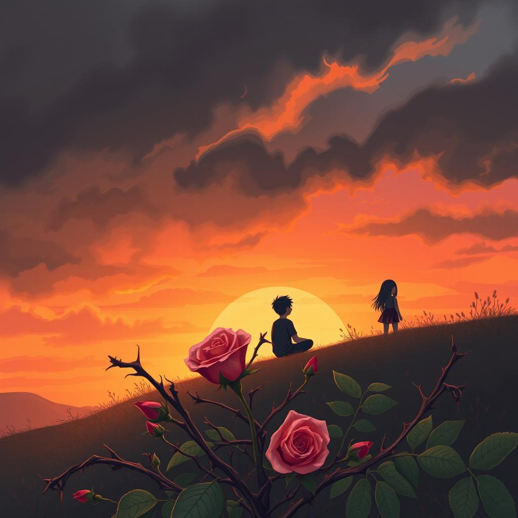 A beautifully illustrated book cover showcasing a sunset scene filled with warm and soft tones of orange, pink, and lilac, contrasted against dark, threatening grey clouds, signaling an impending storm that symbolizes both sadness and hope