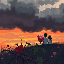 A beautifully illustrated book cover showcasing a sunset scene filled with warm and soft tones of orange, pink, and lilac, contrasted against dark, threatening grey clouds, signaling an impending storm that symbolizes both sadness and hope