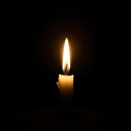 A single candle glowing bright in complete darkness, casting warm, soft light that illuminates the surrounding shadows