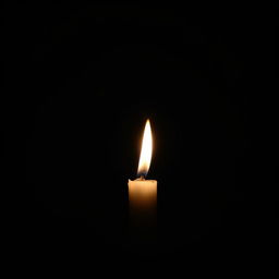 A single candle glowing bright in complete darkness, casting warm, soft light that illuminates the surrounding shadows
