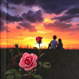 A stunning book cover depicting a sunset scene with warm and soft hues of orange, pink, and lilac, contrasted by dark, ominous clouds signaling an impending storm, representing both sadness and hope