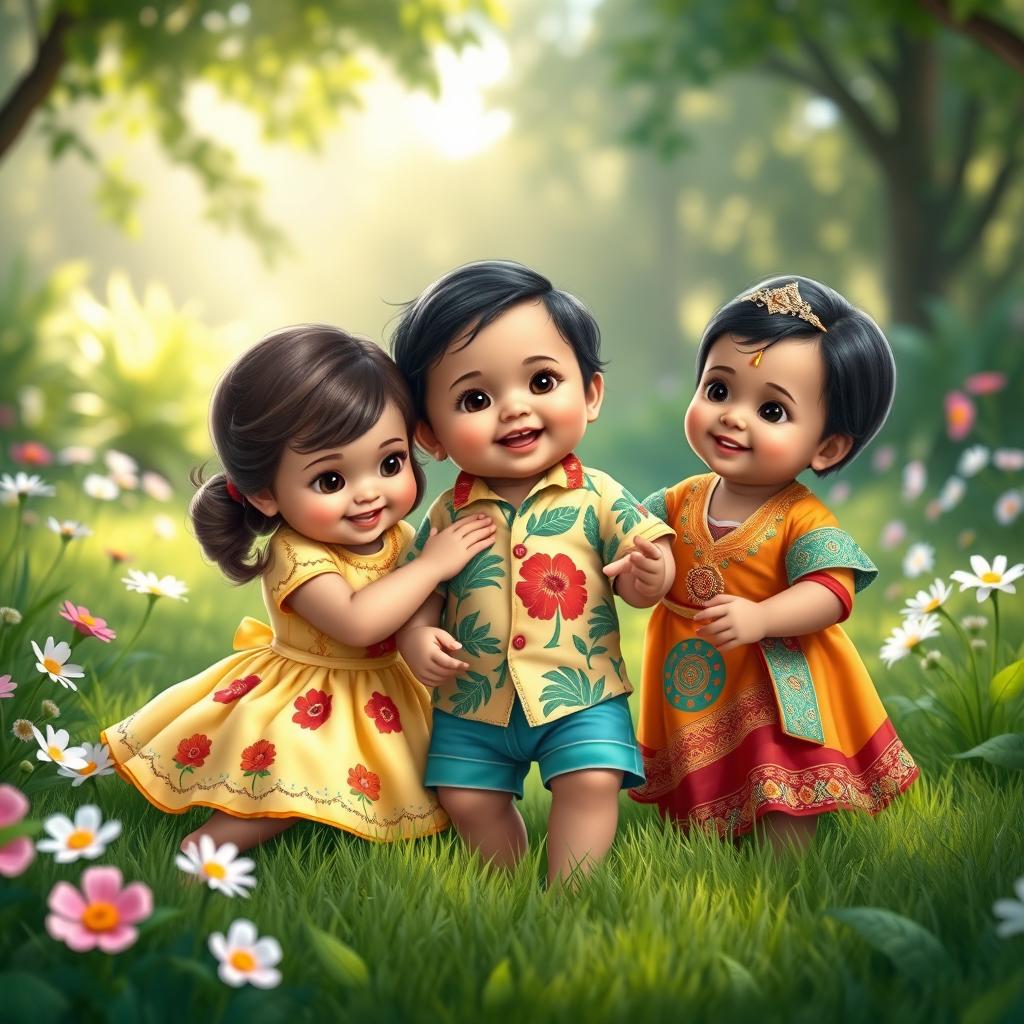 A heartwarming scene depicting three adorable babies, Belle, Moana, and Yasmine, playfully interacting in a lush green garden