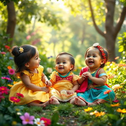 A heartwarming and joyful scene featuring three adorable babies, each resembling Belle, Moana, and Yasmine from Disney