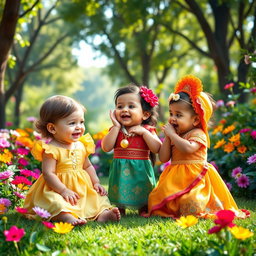 A heartwarming and joyful scene featuring three adorable babies, each resembling Belle, Moana, and Yasmine from Disney