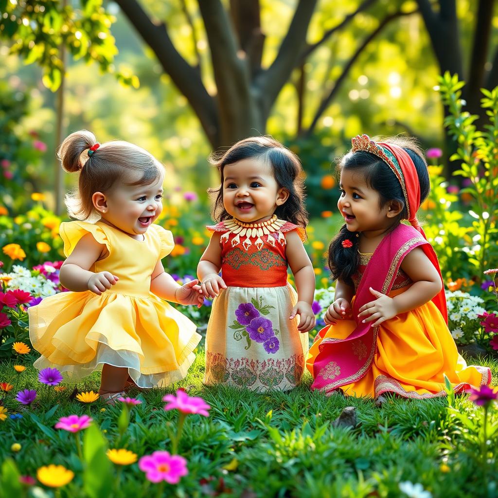 A heartwarming and joyful scene featuring three adorable babies, each resembling Belle, Moana, and Yasmine from Disney