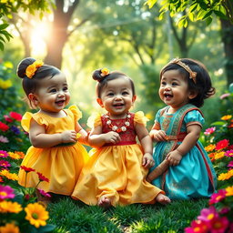 A heartwarming and joyful scene featuring three adorable babies, each resembling Belle, Moana, and Yasmine from Disney