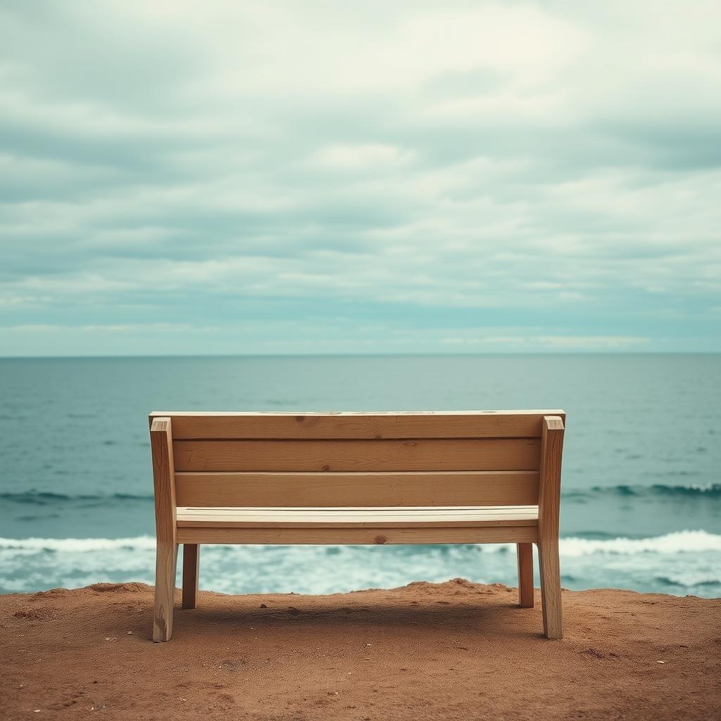 An empty wooden bench facing a vast, calm ocean under a cloudy sky, evoking a sense of solitude and introspection