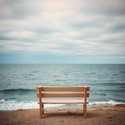 An empty wooden bench facing a vast, calm ocean under a cloudy sky, evoking a sense of solitude and introspection