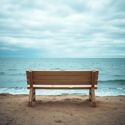 An empty wooden bench facing a vast, calm ocean under a cloudy sky, evoking a sense of solitude and introspection